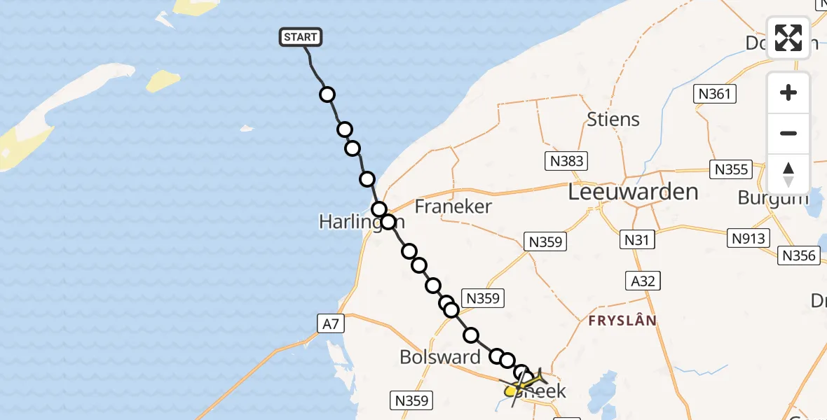 Routekaart van de vlucht: Ambulanceheli naar Sneek, Zuid Meep