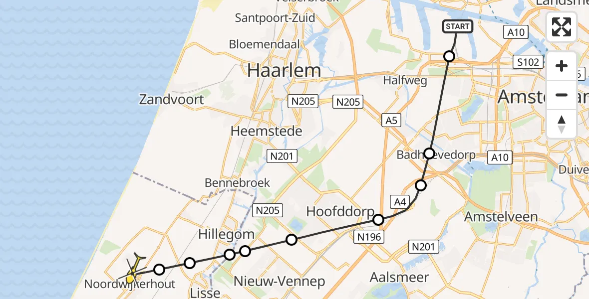 Routekaart van de vlucht: Lifeliner 1 naar Noordwijkerhout, Nieuw-Zeelandweg