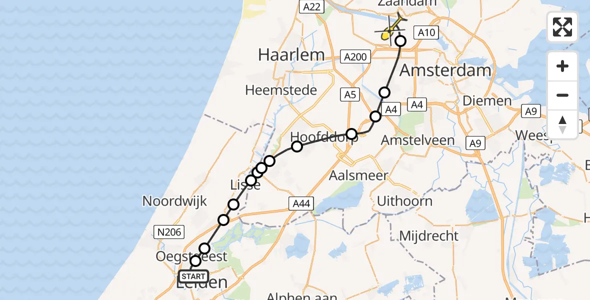 Routekaart van de vlucht: Lifeliner 1 naar Amsterdam Heliport, Johan de Wittstraat