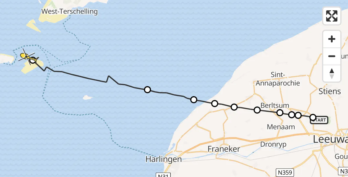 Routekaart van de vlucht: Ambulanceheli naar Vlieland, Harnedyk