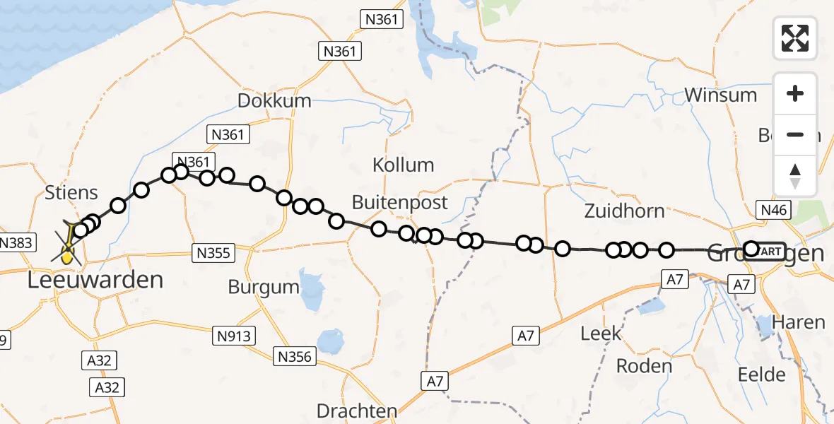 Vluchtroute Ambulancehelikopter van Universitair Medisch Centrum Groningen naar Vliegbasis Leeuwarden