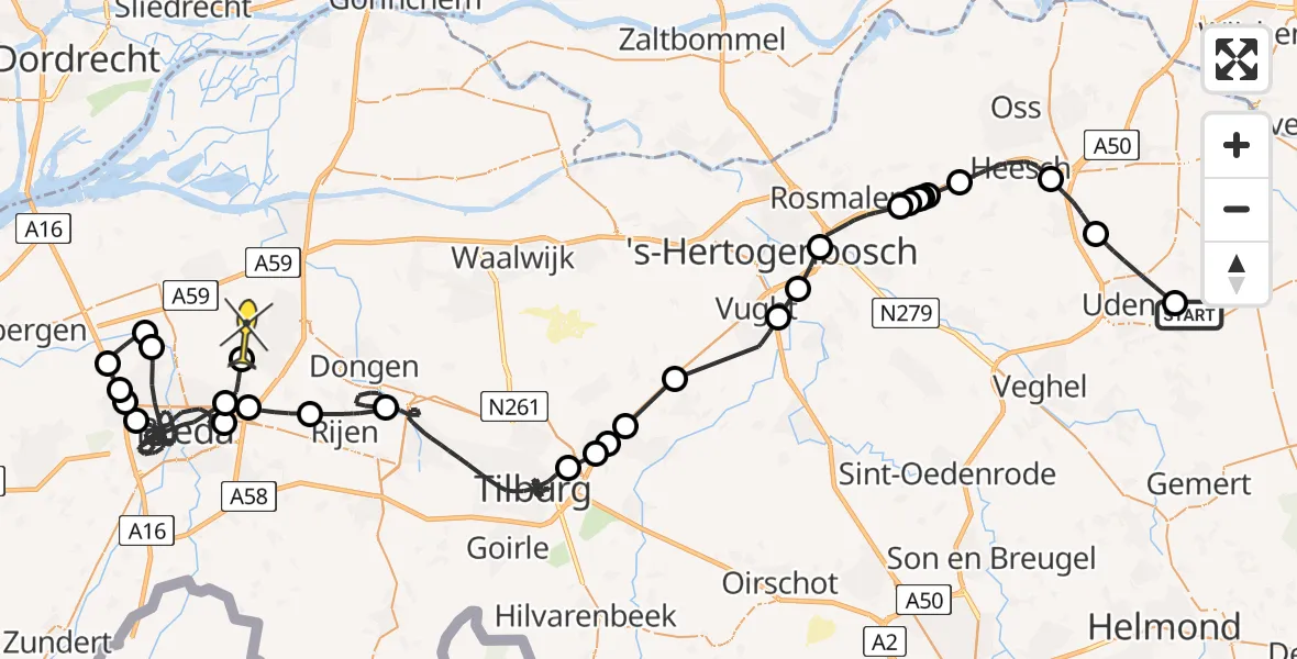 Routekaart van de vlucht: Politieheli naar Oosterhout, Vliegeniersstraat