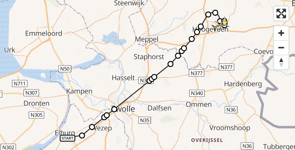 Routekaart van de vlucht: Politieheli naar Vliegveld Hoogeveen, Bovenheigraaf