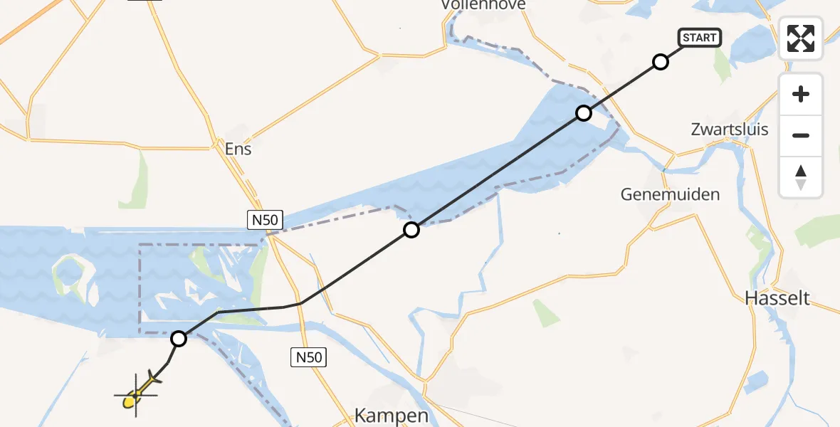 Routekaart van de vlucht: Politieheli naar Dronten, De Loendert