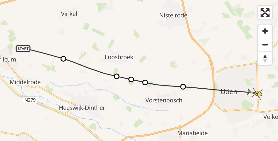 Routekaart van de vlucht: Politieheli naar Uden, Milrooijsedijk