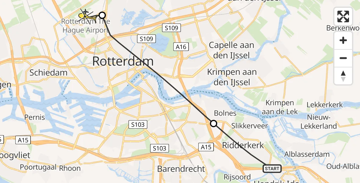 Routekaart van de vlucht: Lifeliner 2 naar Rotterdam The Hague Airport, Paltrokmolen