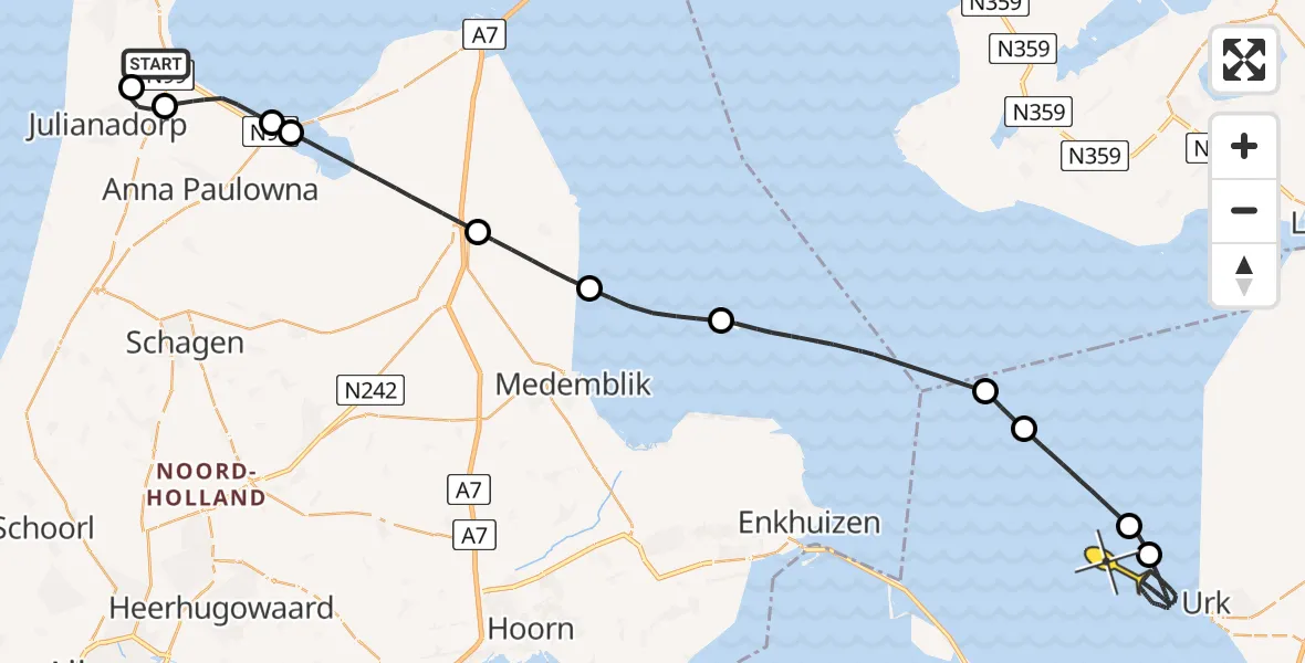 Routekaart van de vlucht: Kustwachthelikopter naar Urk, Middenvliet