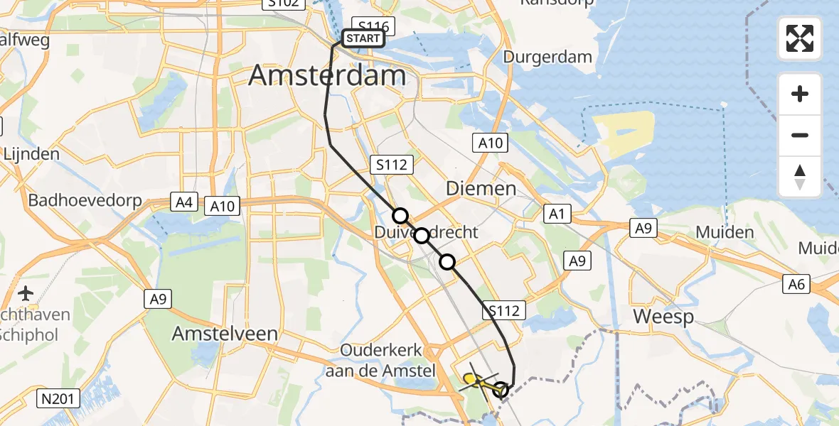 Routekaart van de vlucht: Lifeliner 1 naar Academisch Medisch Centrum (AMC), Sixhavenweg