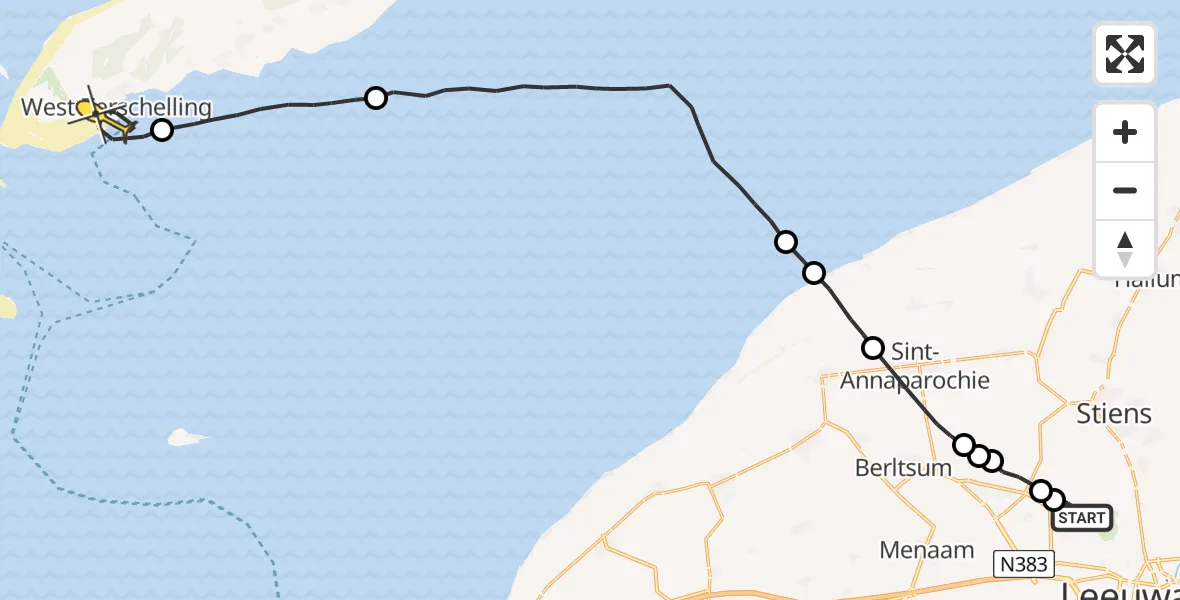 Routekaart van de vlucht: Ambulanceheli naar West-Terschelling, Nijlânsdyk