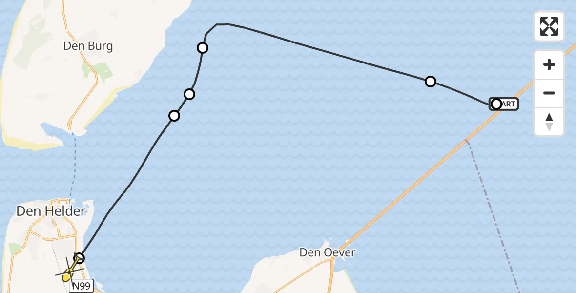 Routekaart van de vlucht: Kustwachthelikopter naar Vliegveld De Kooy, Afsluitdijk