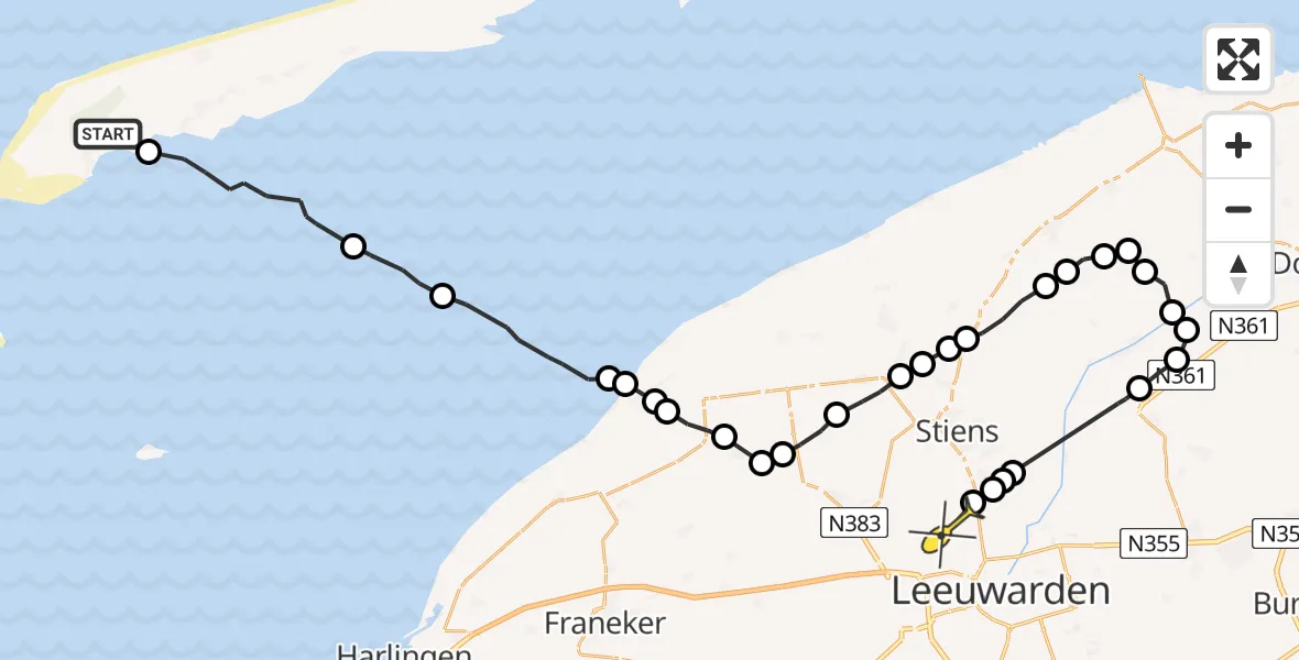 Routekaart van de vlucht: Ambulanceheli naar Vliegbasis Leeuwarden, Westerdijk