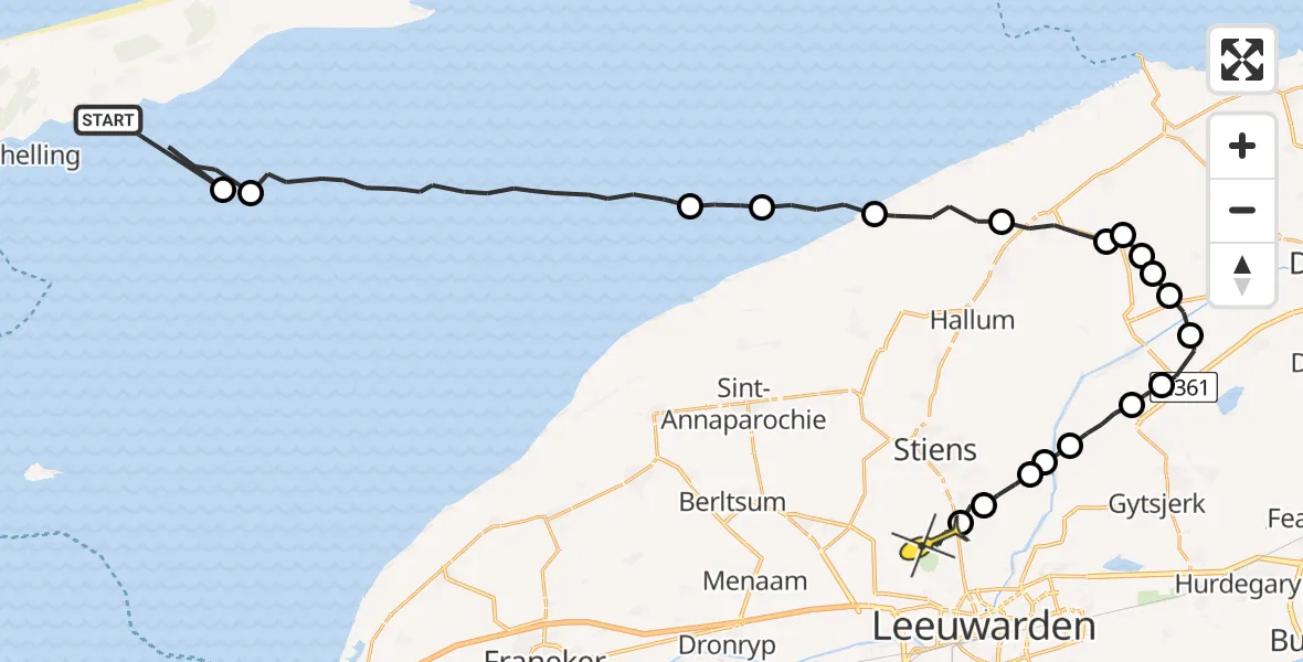 Routekaart van de vlucht: Ambulanceheli naar Vliegbasis Leeuwarden, Noorder Balgen