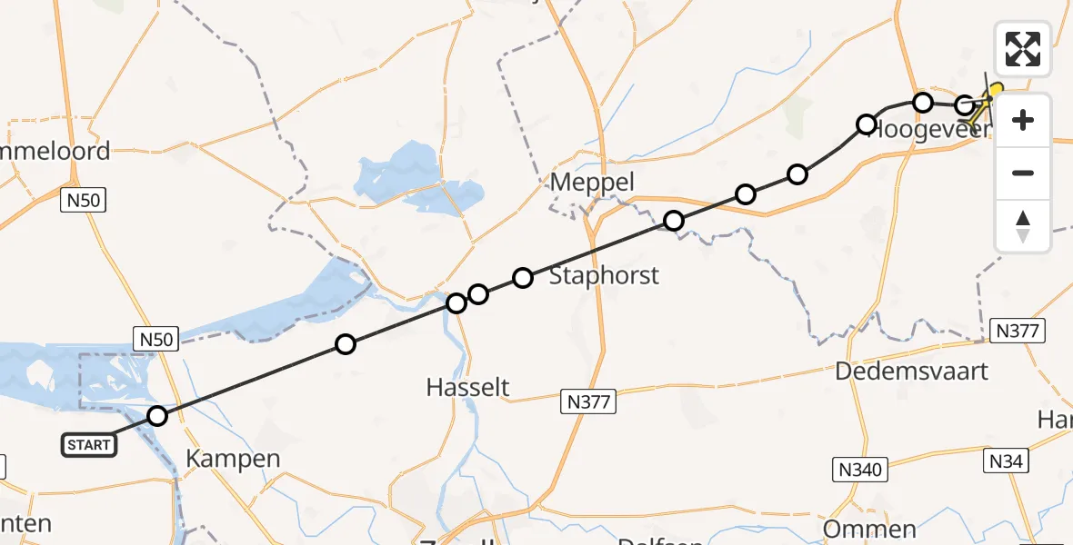 Routekaart van de vlucht: Politiehelikopter naar Vliegveld Hoogeveen, Koningin Wilhelminabos