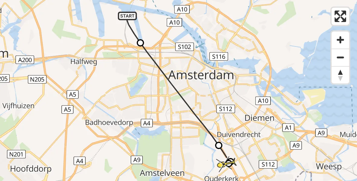 Routekaart van de vlucht: Lifeliner 1 naar Ouderkerk aan de Amstel, Corsicaweg