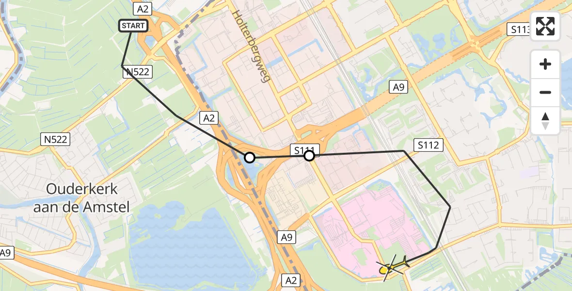 Routekaart van de vlucht: Lifeliner 1 naar Academisch Medisch Centrum (AMC), Korte Dwarsweg