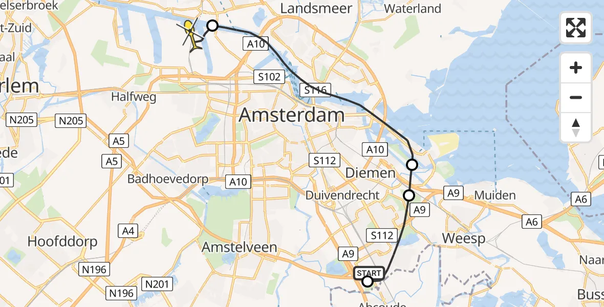 Routekaart van de vlucht: Lifeliner 1 naar Amsterdam Heliport, Ruwelspad