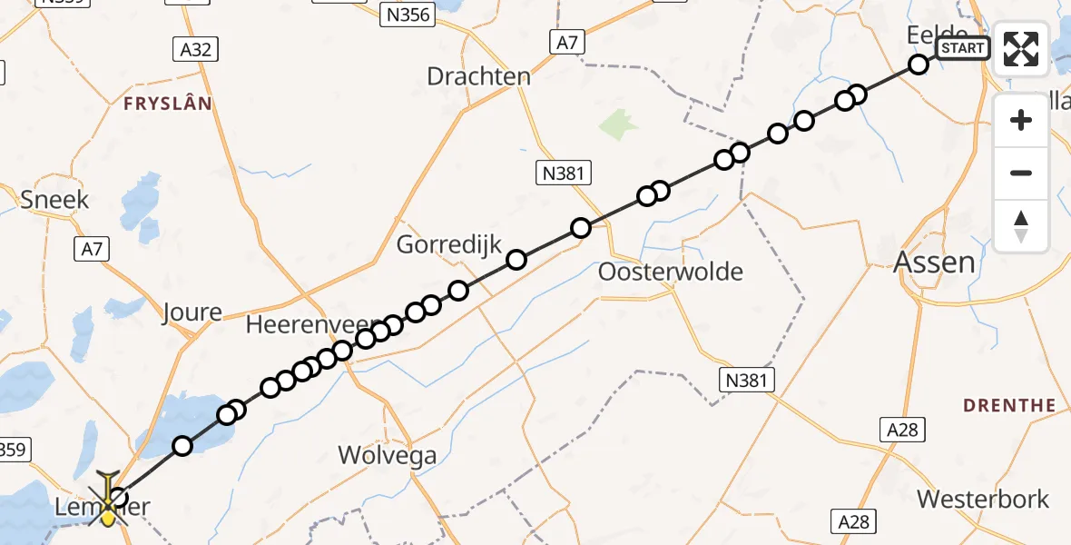 Routekaart van de vlucht: Lifeliner 4 naar Lemmer, Veldkampweg