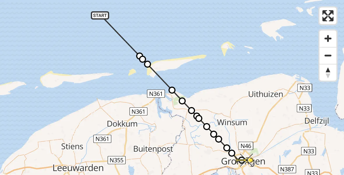 Routekaart van de vlucht: Kustwachthelikopter naar Universitair Medisch Centrum Groningen, Kruitgracht