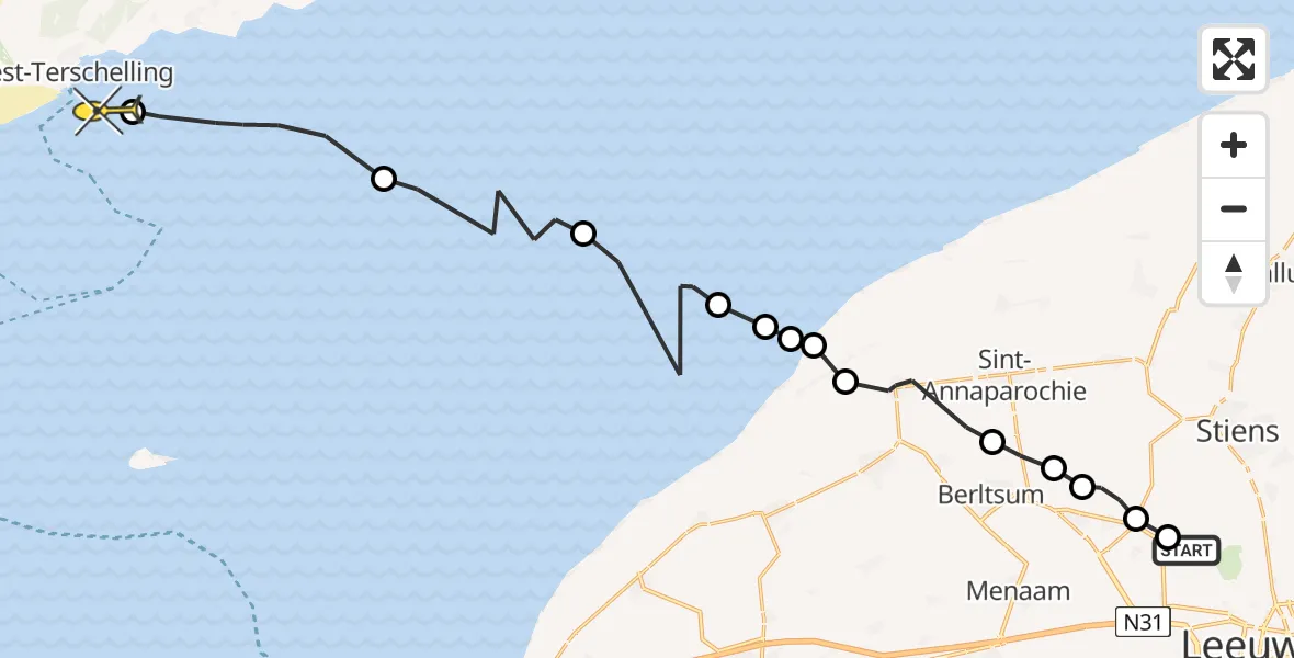 Routekaart van de vlucht: Ambulanceheli naar West-Terschelling, Middelseewei