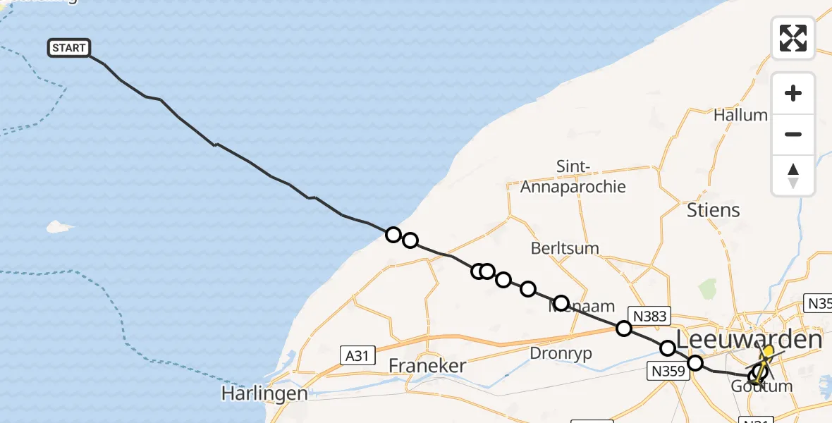 Routekaart van de vlucht: Ambulanceheli naar Leeuwarden, Borniastraat