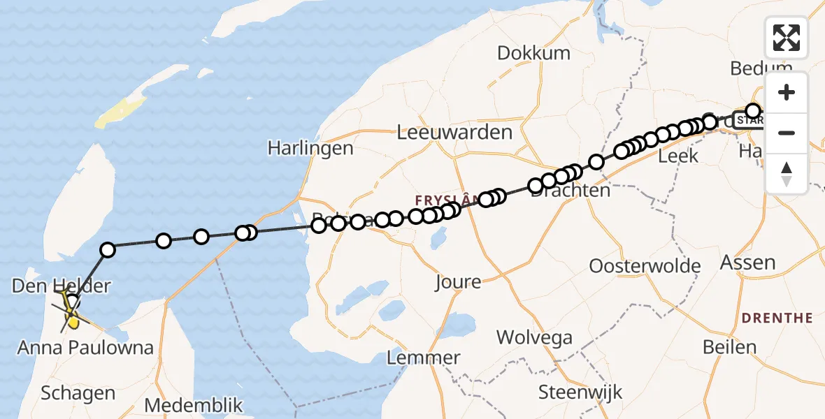 Routekaart van de vlucht: Kustwachthelikopter naar Vliegveld De Kooy, Nachtegaalstraat