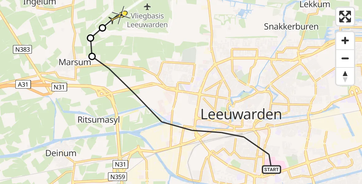 Vluchtroute Ambulancehelikopter van Leeuwarden naar Vliegbasis Leeuwarden