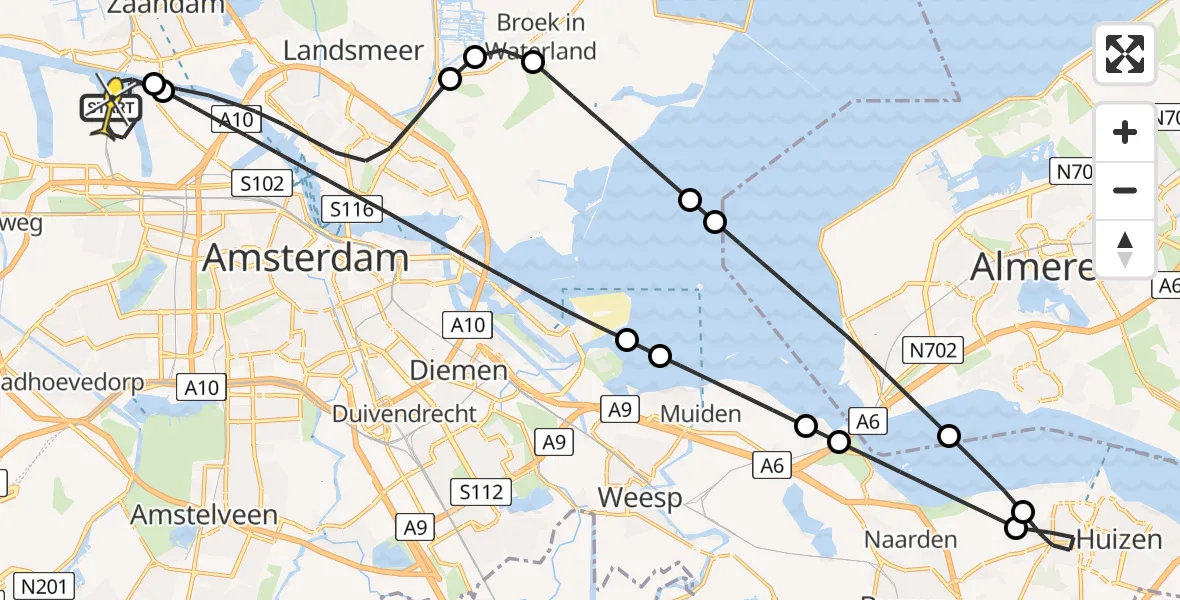 Routekaart van de vlucht: Lifeliner 1 naar Amsterdam Heliport, Belangenvereniging tuinders Zaanderhorn