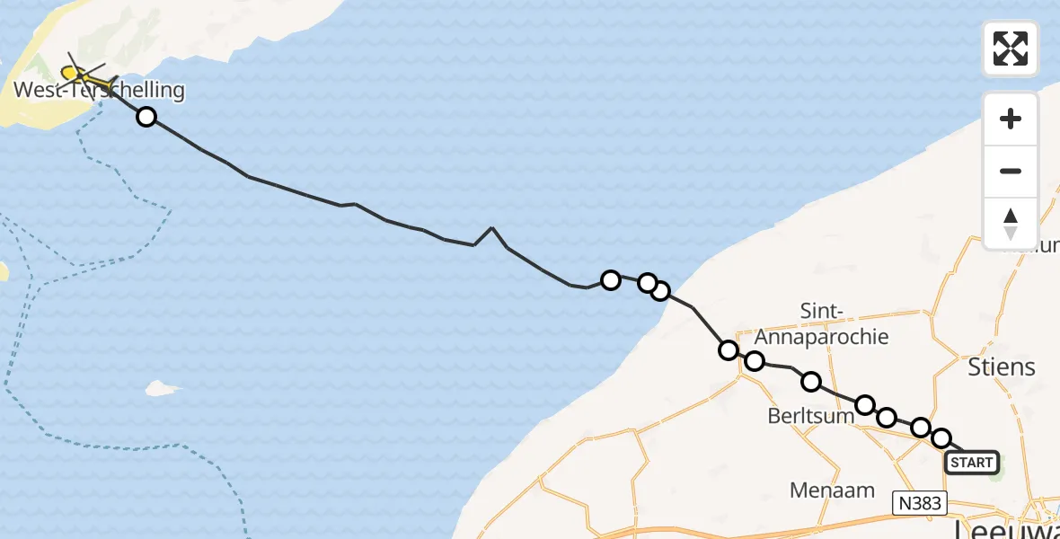 Routekaart van de vlucht: Ambulanceheli naar West-Terschelling, Foarste Dyk