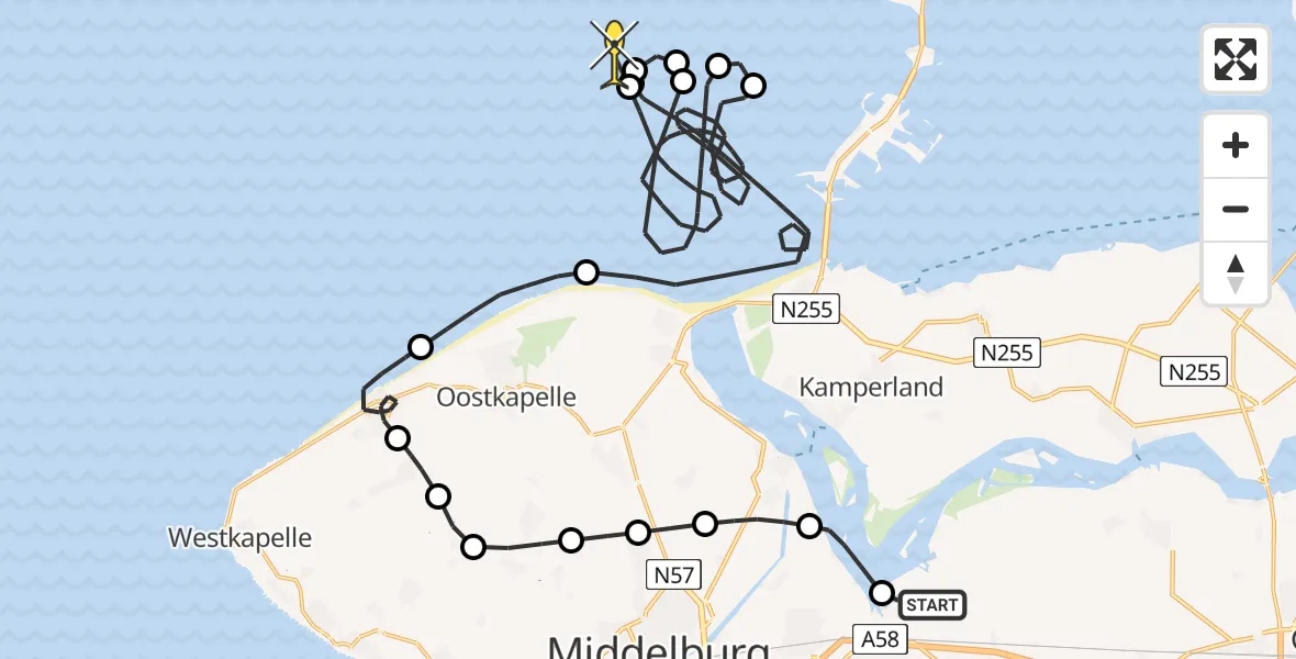 Routekaart van de vlucht: Kustwachthelikopter naar Zandkreekplaatweg