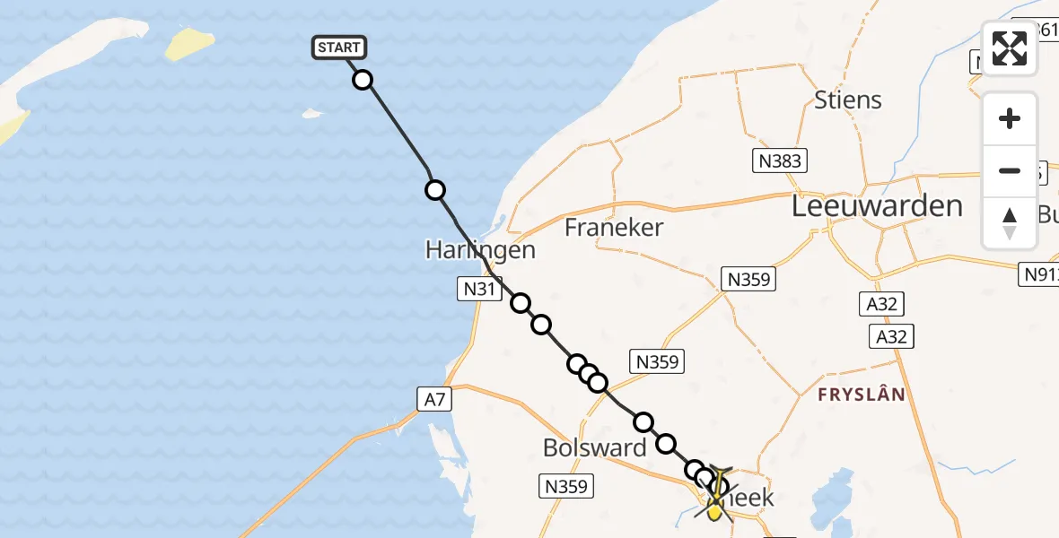 Routekaart van de vlucht: Ambulanceheli naar Sneek, Bolswarderbaan