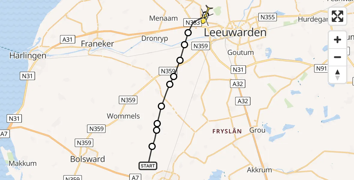 Routekaart van de vlucht: Ambulanceheli naar Leeuwarden, Pastoar ten Bokumstrjitte