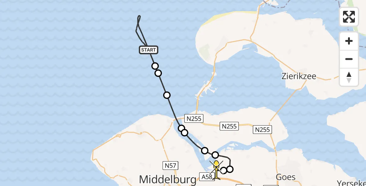 Routekaart van de vlucht: Kustwachthelikopter naar Vliegveld Midden-Zeeland, Geul van de Banjaard