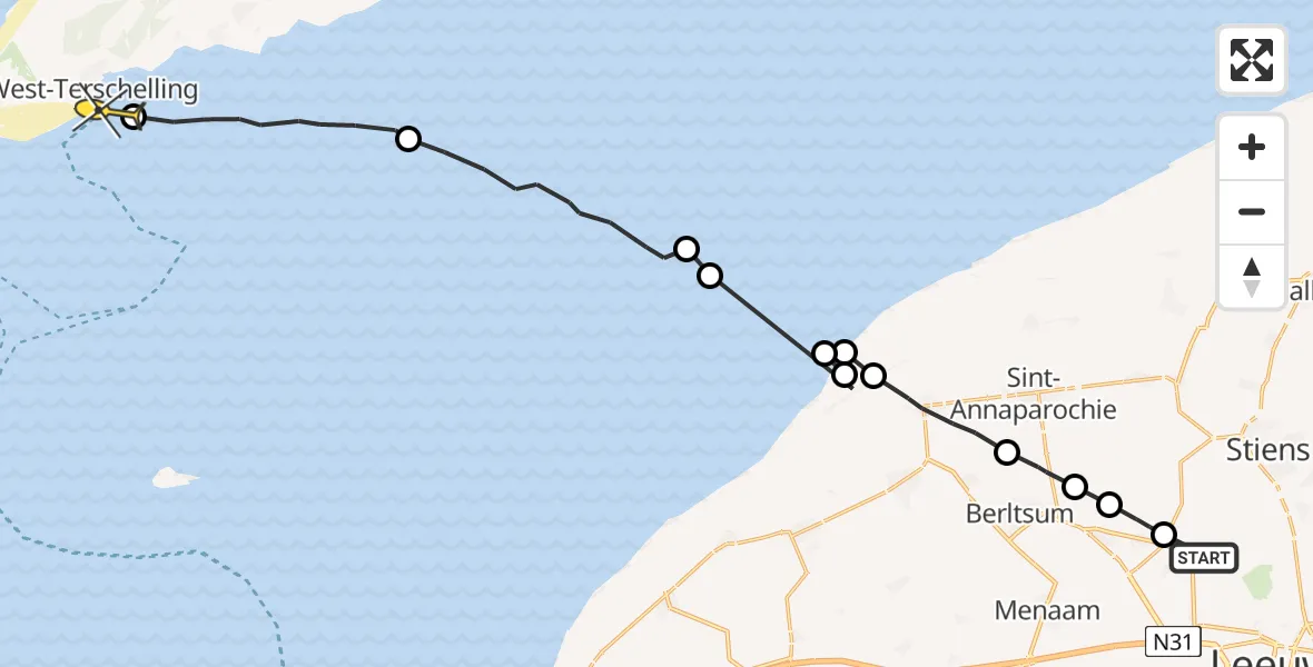 Routekaart van de vlucht: Ambulanceheli naar West-Terschelling, Hogerhuisdyk