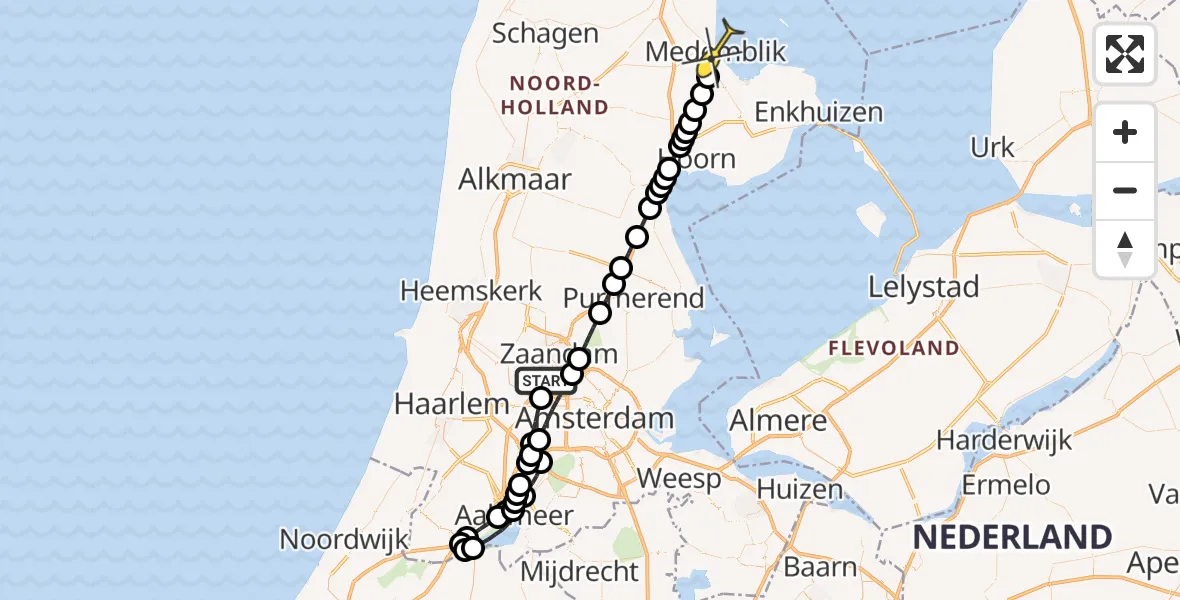 Routekaart van de vlucht: Lifeliner 1 naar Medemblik, Nieuw-Zeelandweg