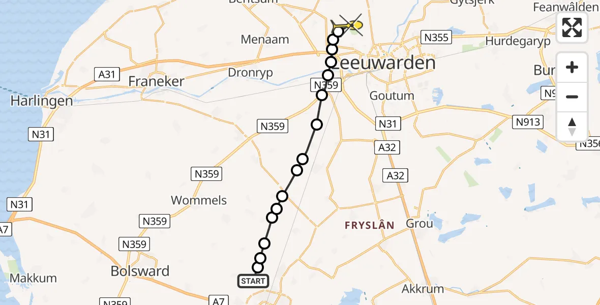 Routekaart van de vlucht: Ambulancehelikopter naar Vliegbasis Leeuwarden, Ivige Leane