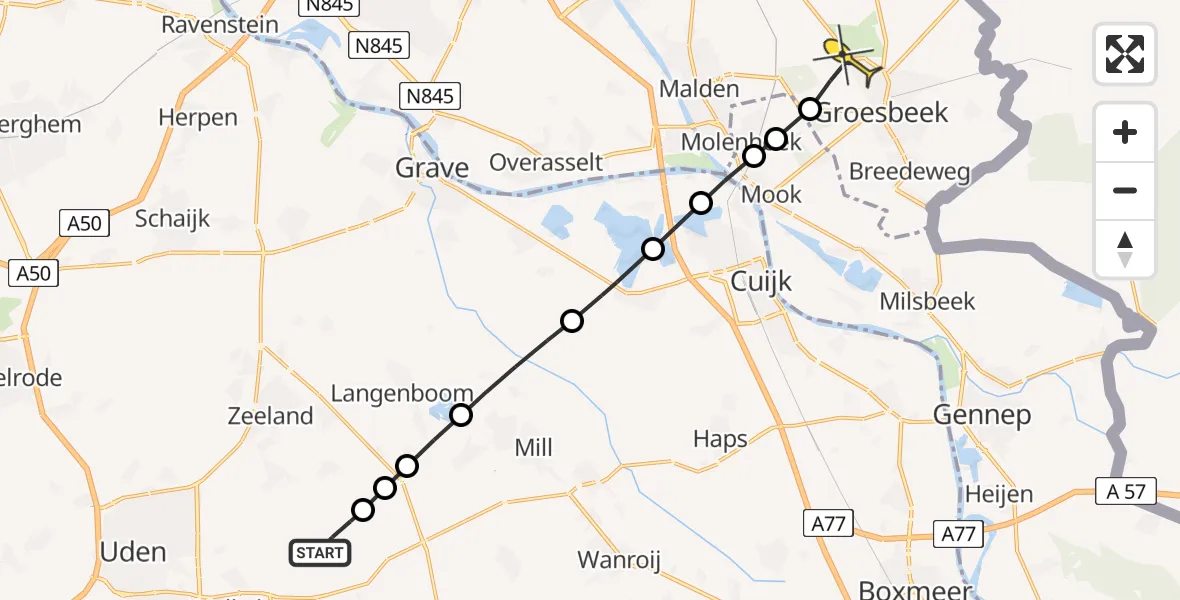 Routekaart van de vlucht: Lifeliner 3 naar Groesbeek, Zeelandsedijk