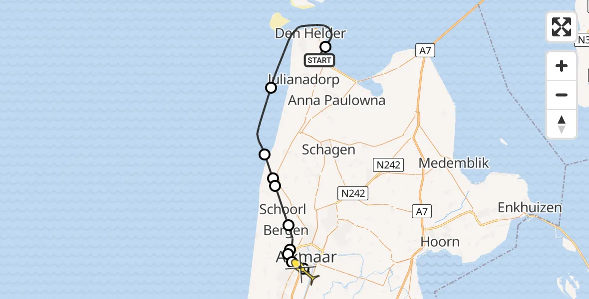 Routekaart van de vlucht: Kustwachthelikopter naar Alkmaar, Oostoeverweg