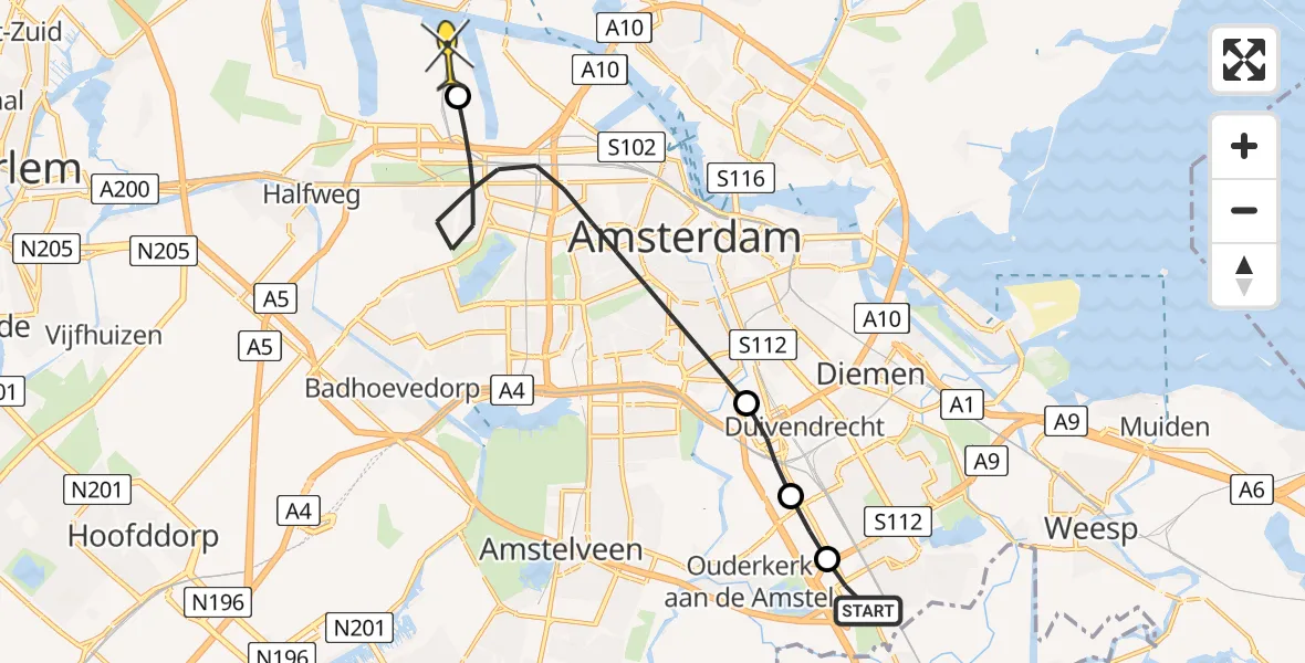 Routekaart van de vlucht: Lifeliner 1 naar Amsterdam Heliport, Muntbergweg