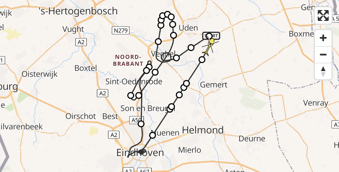 Routekaart van de vlucht: Politieheli naar Boekel, Maaymanseweg