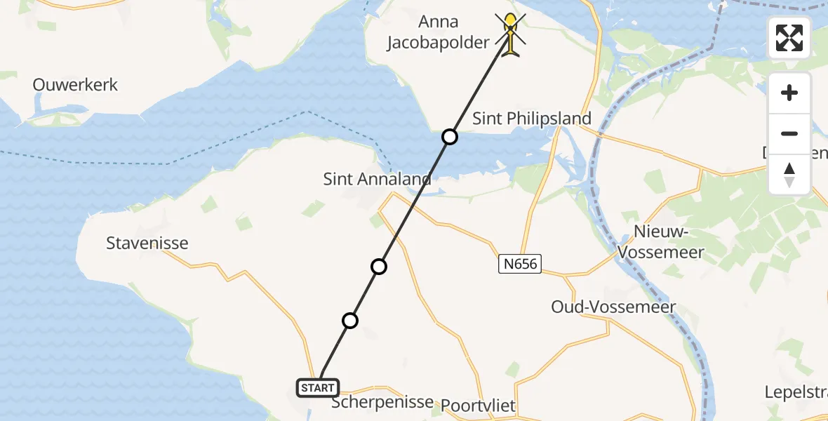 Routekaart van de vlucht: Lifeliner 2 naar Sint Philipsland, Oudelandseweg