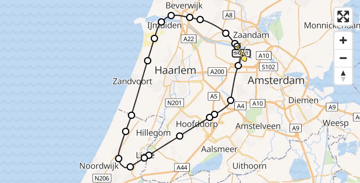 Routekaart van de vlucht: Lifeliner 1 naar Amsterdam Heliport, Nieuw-Zeelandweg