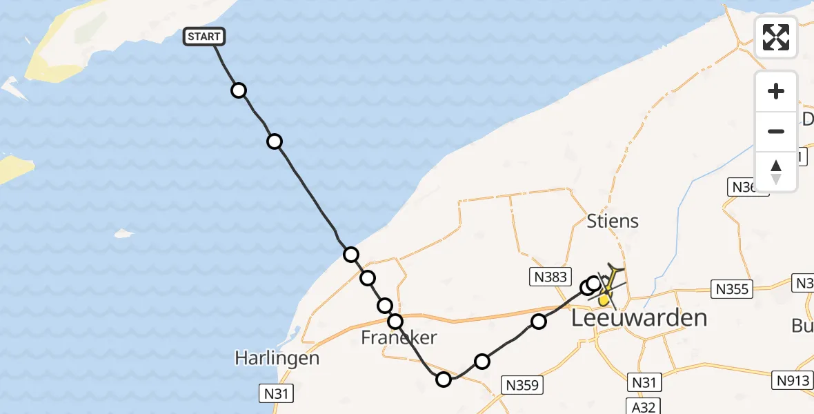 Routekaart van de vlucht: Ambulanceheli naar Vliegbasis Leeuwarden, Keegsdijkje