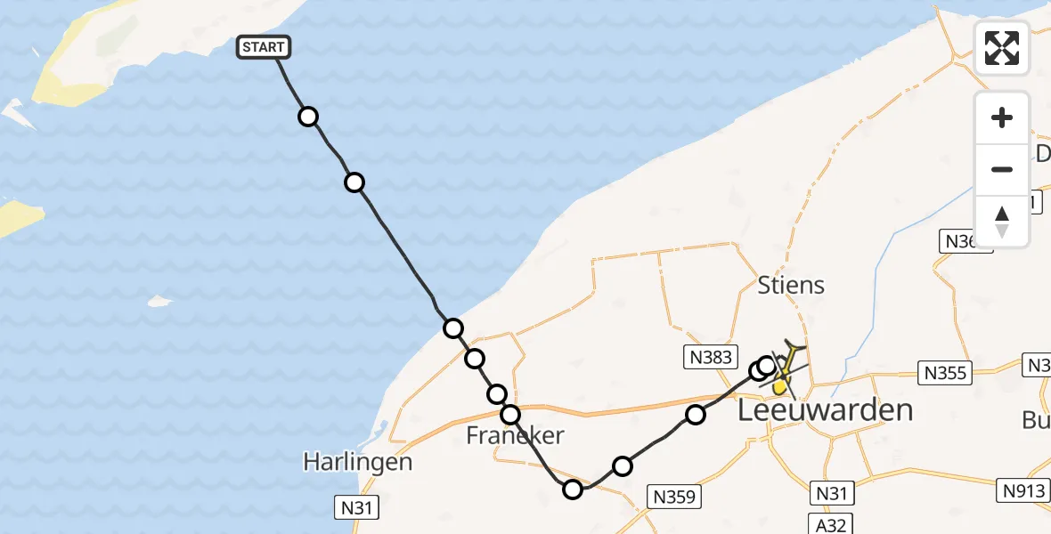 Routekaart van de vlucht: Ambulancehelikopter naar Vliegbasis Leeuwarden, Keegsdijkje
