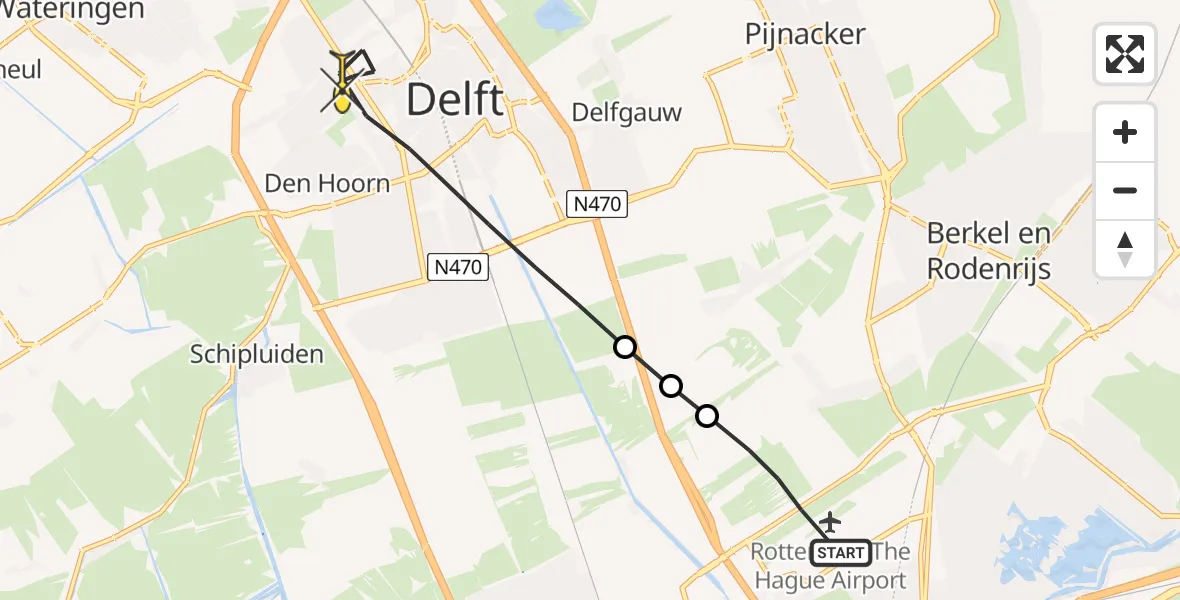 Routekaart van de vlucht: Lifeliner 2 naar Delft, Schieveense polder