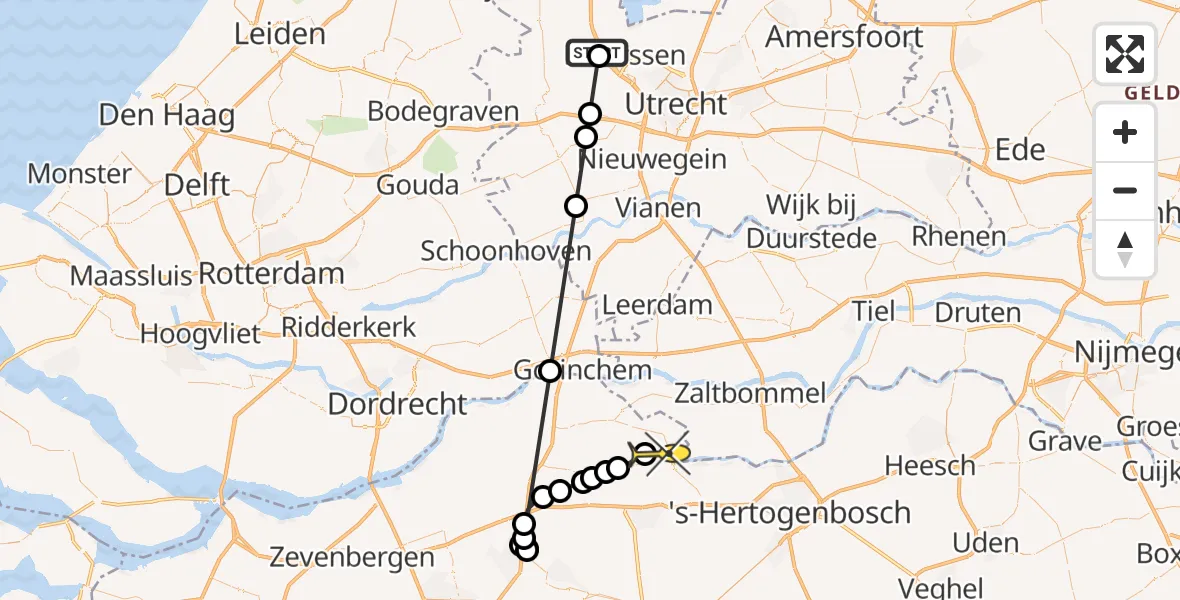 Routekaart van de vlucht: Politiehelikopter naar Wijk en Aalburg, Rijksweg A12