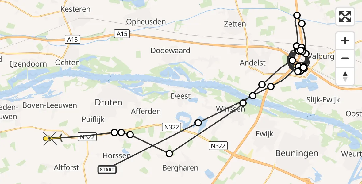 Routekaart van de vlucht: Politieheli naar Puiflijk, Zandwingebied Geertjesgolf