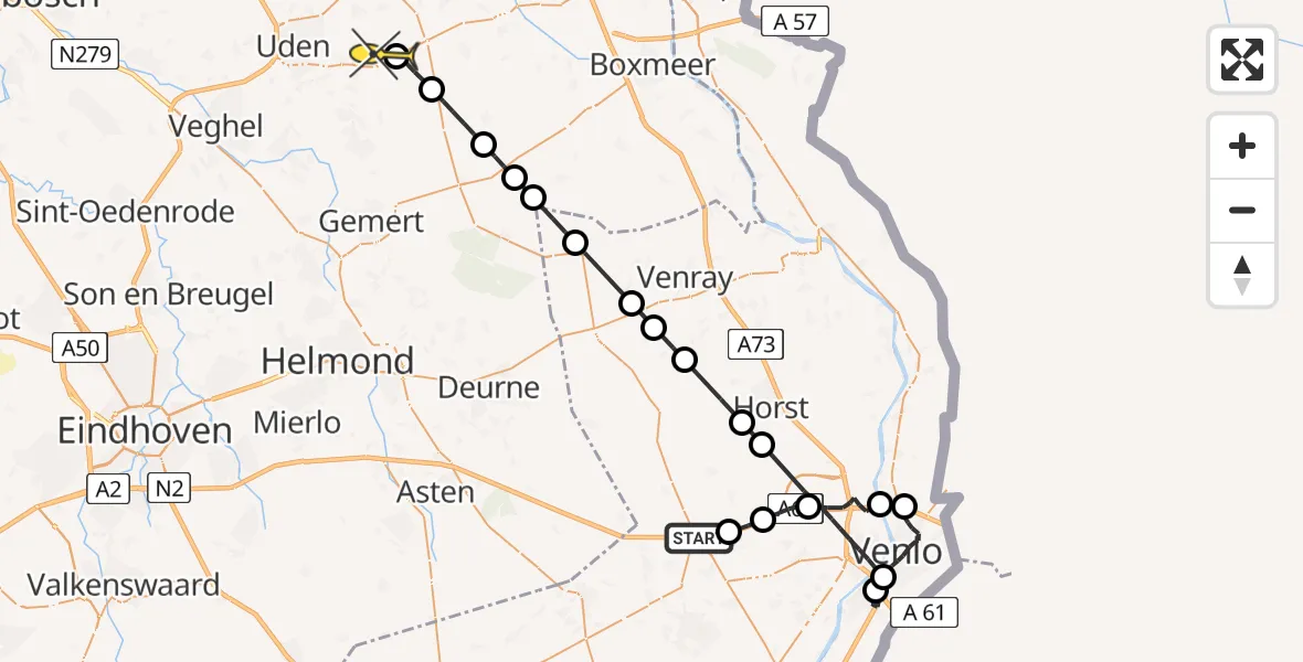 Routekaart van de vlucht: Politieheli naar Vliegbasis Volkel, Saarweg