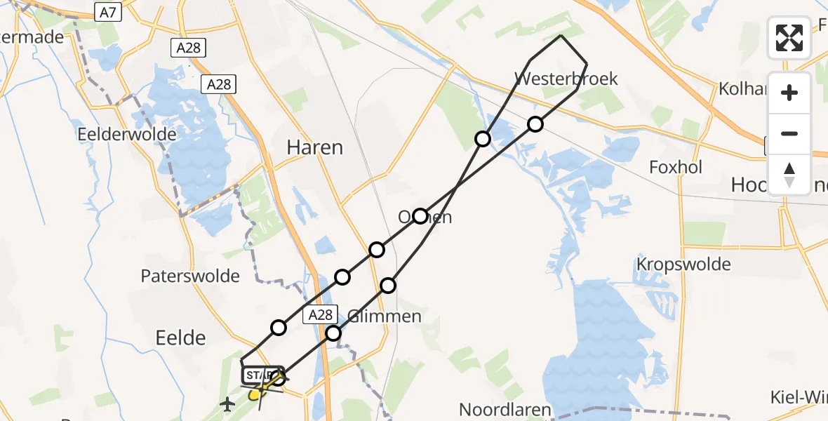 Routekaart van de vlucht: Lifeliner 4 naar Groningen Airport Eelde, Burgemeester J.G. Legroweg