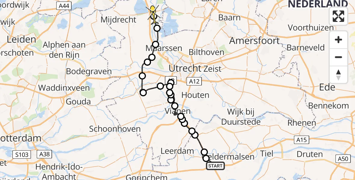 Routekaart van de vlucht: Politieheli naar Loenersloot, Provincialeweg West