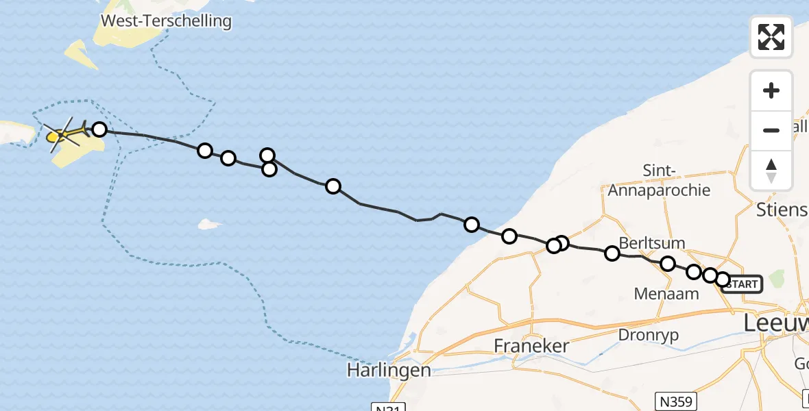 Routekaart van de vlucht: Ambulanceheli naar Vlieland, Bitgumer Feart